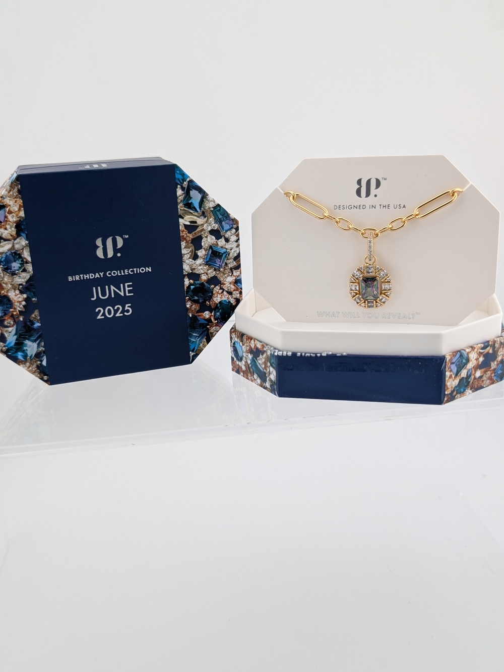 bp June Birthstone Gold Necklace with Blue Center Stone Pendant